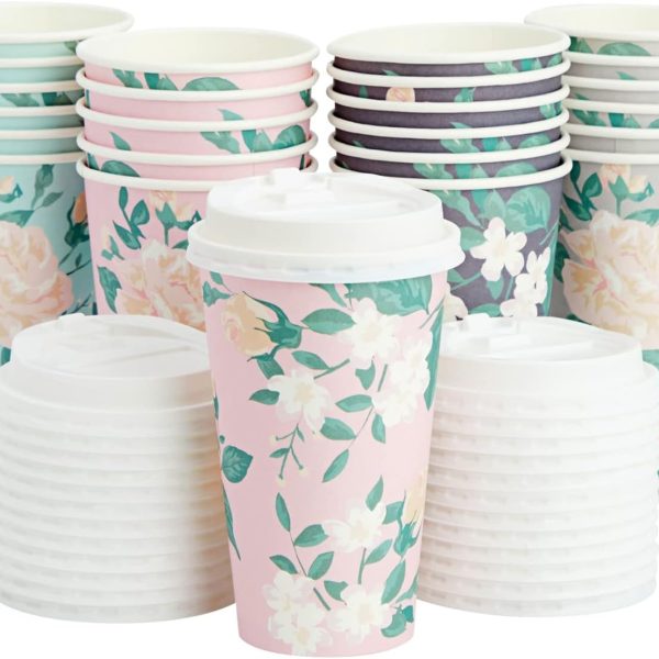 Floral Paper Coffee Cups with Lids - Disposable Eco-Friendly Paper Cups with Lids for Travel - Party & Bridal Shower Coffee Supplies - 24 Count, 16 Oz, Pastel Assorted