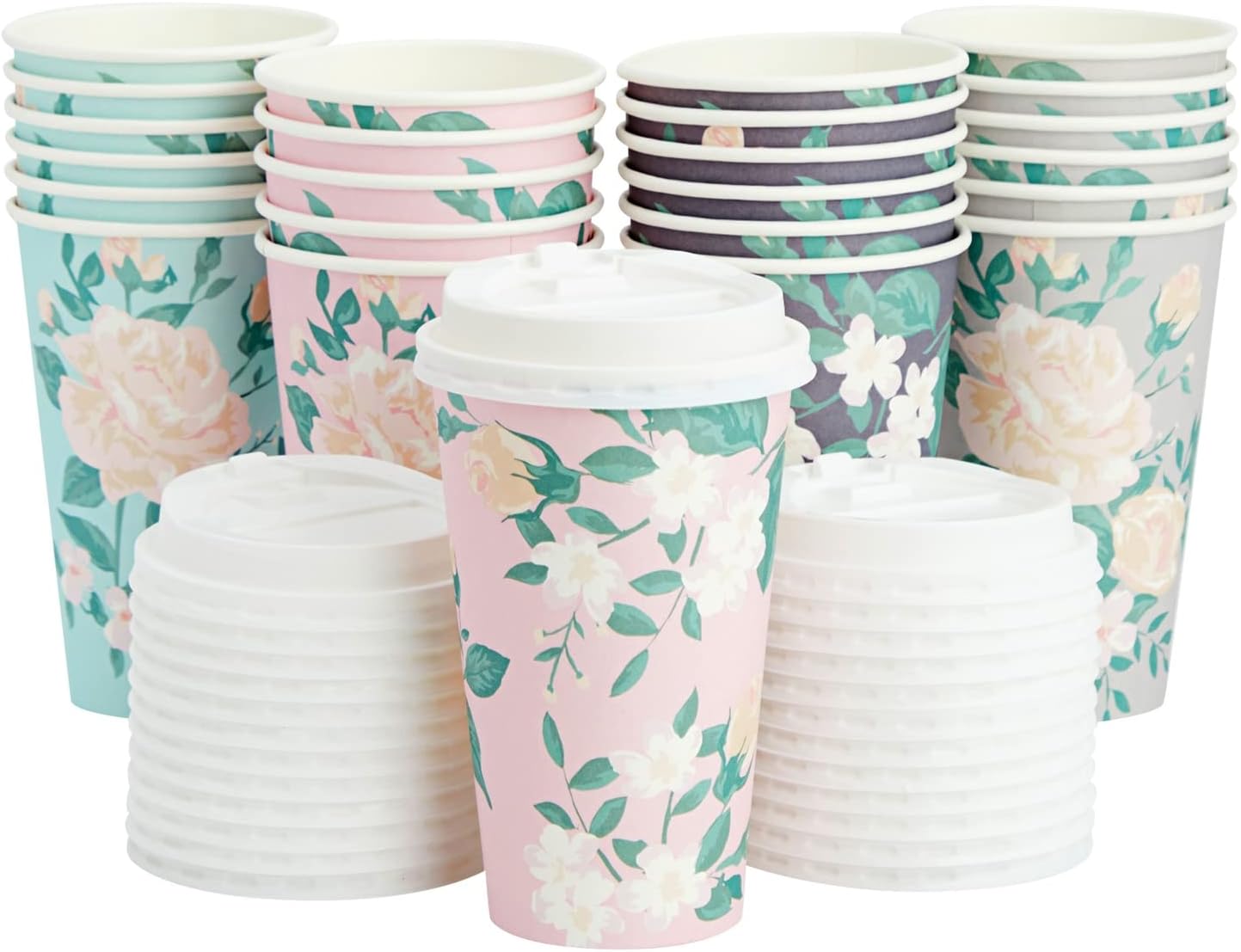 Floral Paper Coffee Cups with Lids - Disposable Eco-Friendly Paper Cups with Lids for Travel - Party & Bridal Shower Coffee Supplies - 24 Count, 16 Oz, Pastel Assorted