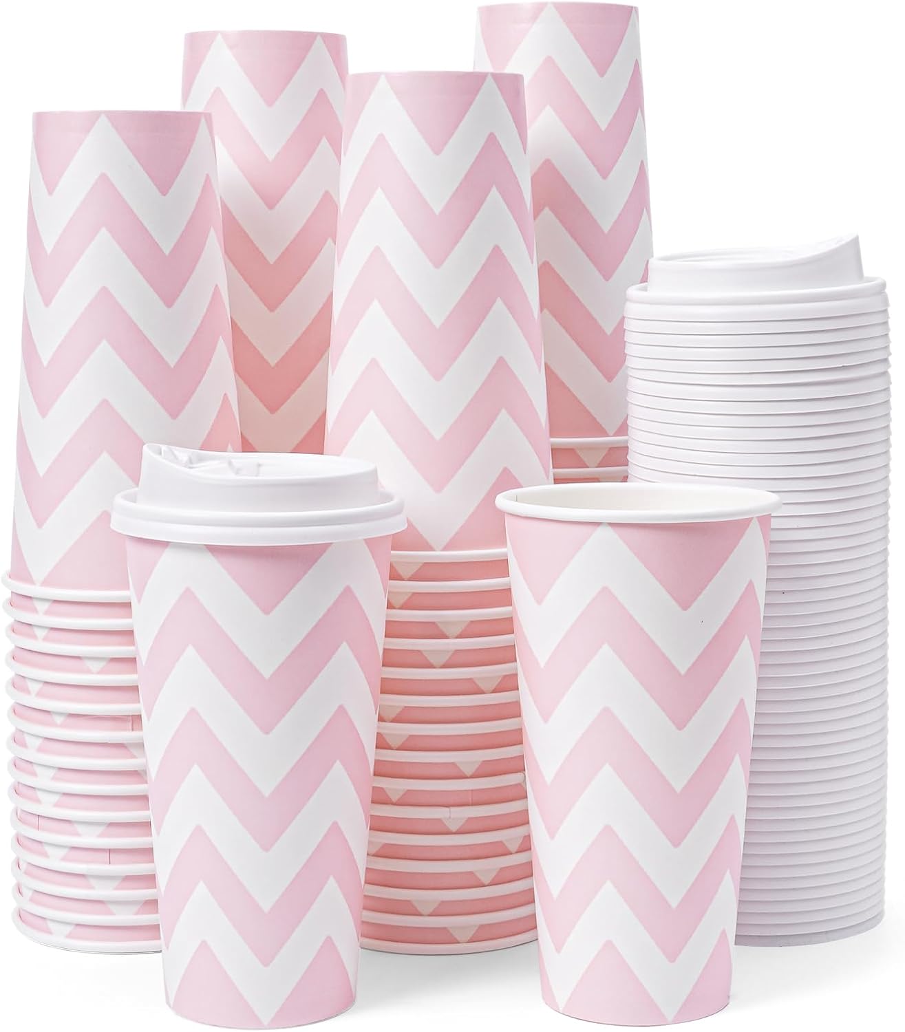 100 PACK 20OZ Disposable Coffee Cups with Lids, To Go Coffee Cups with Lids Leak Proof, Pink Paper Cups for Cold/Hot Beverage Chocolate Cocoa for Home Office Party