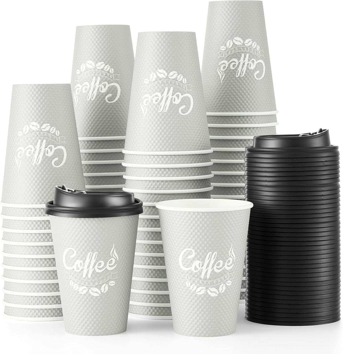100 Pack 12 oz Disposable Coffee Cups with Lids, Insulated Ripple Double-Walled Paper Coffee Cups for Hot Beverages, Cold/Hot Drinking To Go Coffee Cups with Lids for Parties and Travel (Grey)