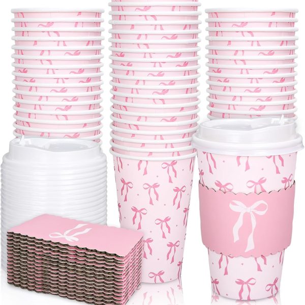 50 Set Pink Bow Disposable Coffee Cups with Lids and Sleeves  Bowknot Paper Drinking Cups for Valentine's Day Mother's Day Wedding Birthday Baby Shower Bachelorette Party Supplies