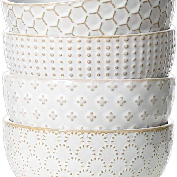 Cereal bowls 26 oz, Ceramic Soup Bowl for Kitchen, Embossment Stoneware Bowl for Pho, Chip, Fruits, Salad, Noodle, Ramen, Suit For Housewarming - 6 Inch, Set of 4, Arctic white