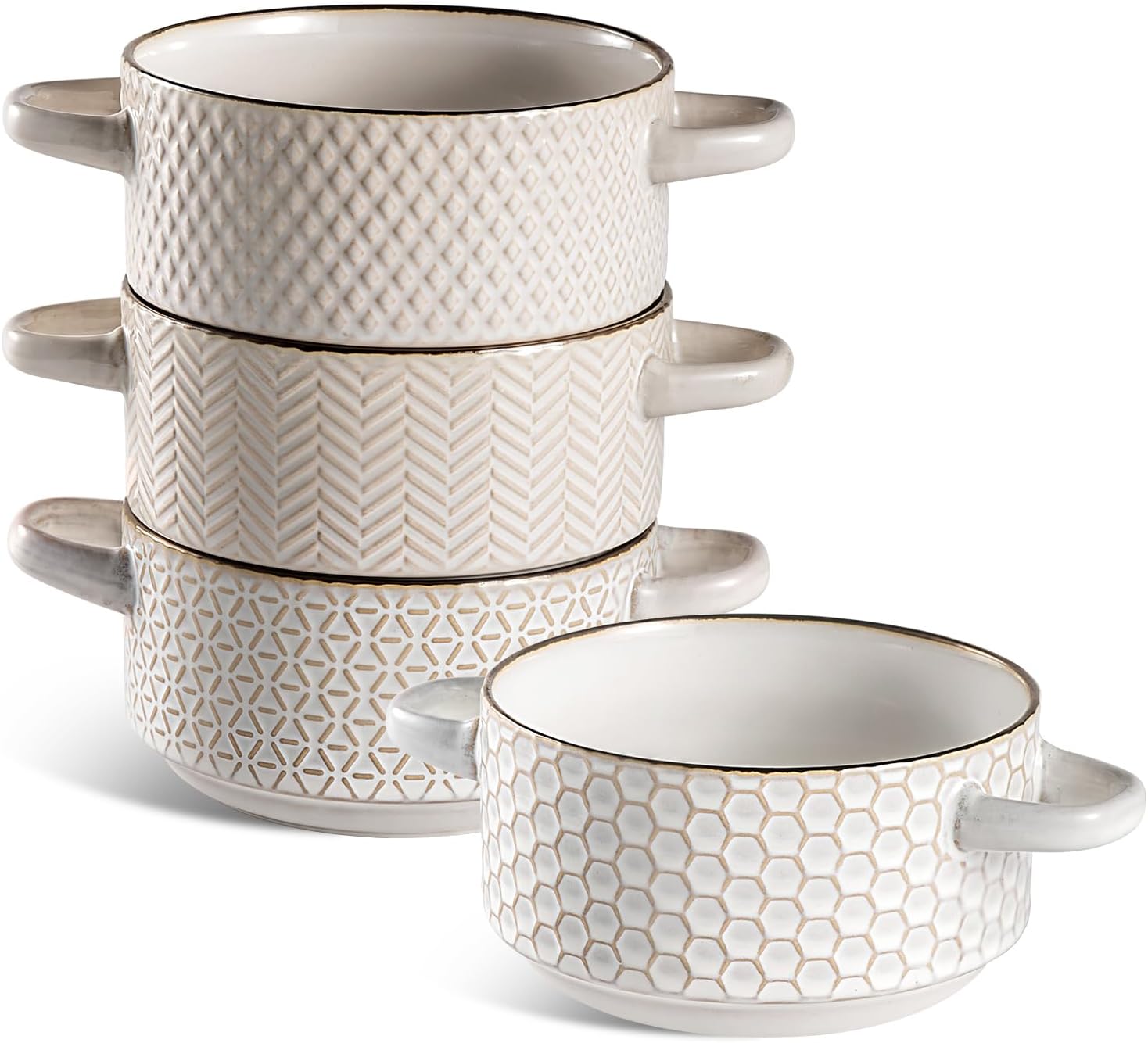 Ceramic Soup Bowls Set - 27 Oz French Onion Soup with Handles - Embossed Stoneware Bowls for Soup Cereal Beef Stew Chili - Microwave Dishwasher Oven Safe - Set of 4