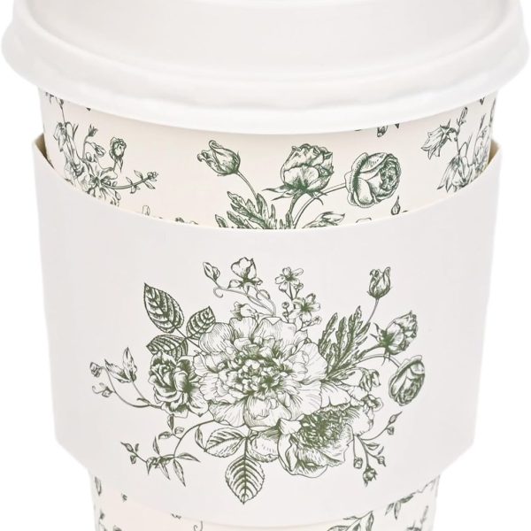 50Pcs Sage Green Floral Disposable Coffee Cups with Lids and Sleeves Green White Chinoiserie Flower 12oz Hot Cold Paper Drinking Cup for Birthday Wedding Baby Shower Party Supplies