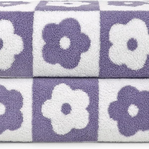 2-Pieces Luxury Bath Towels Checkered Floral, Purple Towels for Women Girls Shower Body 27.5x55 Inches, Cute Bathroom Decor, Cotton