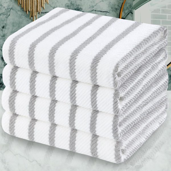 Grey & White Striped Bath Towel Set (4-Piece) | Large Size (30" x 56") | Pure Cotton | Hotel-Grade Quality | Lightweight | Thick & Plush | Soft | Highly Absorbent | Striped Bathroom Towels | Quick-Drying Shower Towels