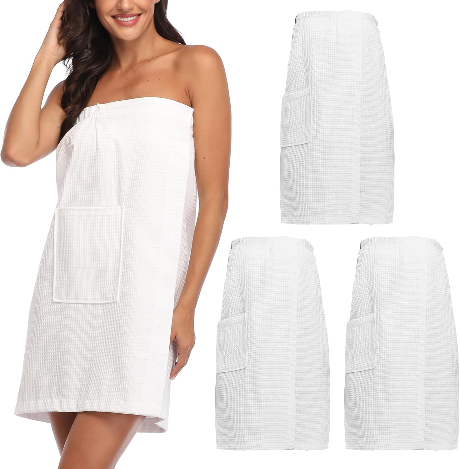 3 Pcs Towel Wrap for Women Lightweight Waffle Spa Bathrobe Cover Up Bath Shower Wraps with Adjustable Closure, White L/XL