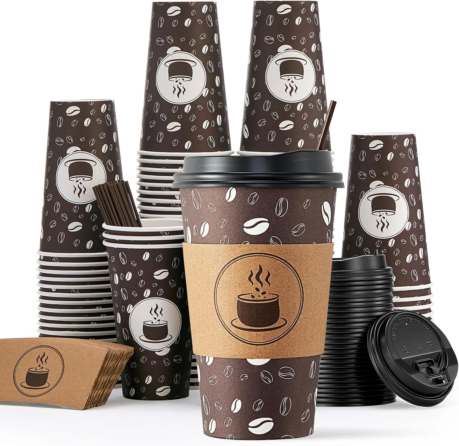 Disposable Coffee Cups with Lids, Sleeves and Straws - 12oz(100 Pack) Paper Coffee Cups with Lids, Hot Cup for Shops, Cafes, and Concession Stands(Dark Brown)